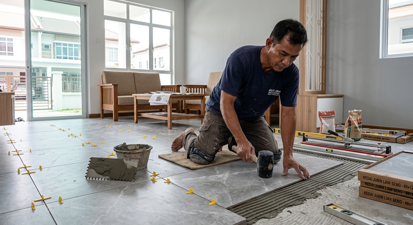 Tukang jubin memasang jubin lantai besar di ruang tamu rumah teres