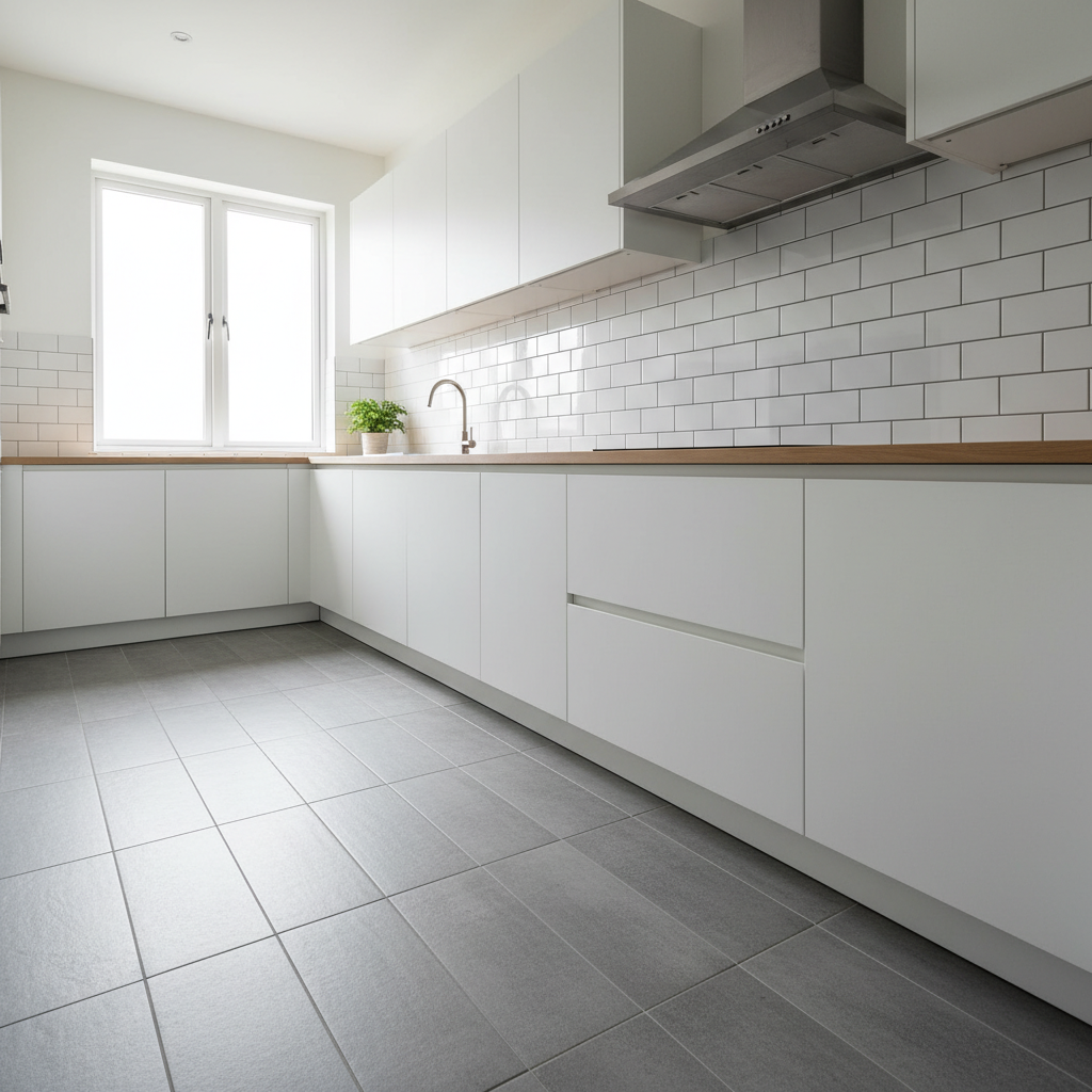 Dapur moden dengan backsplash jubin subway putih dan lantai jubin kelabu