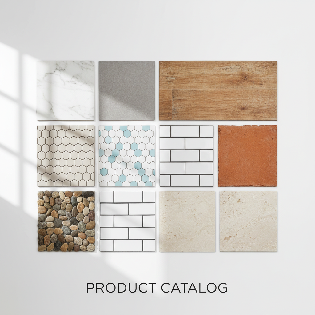 Katalog sampel jubin: marmar, heksagon, subway putih, terracotta dan corak kayu